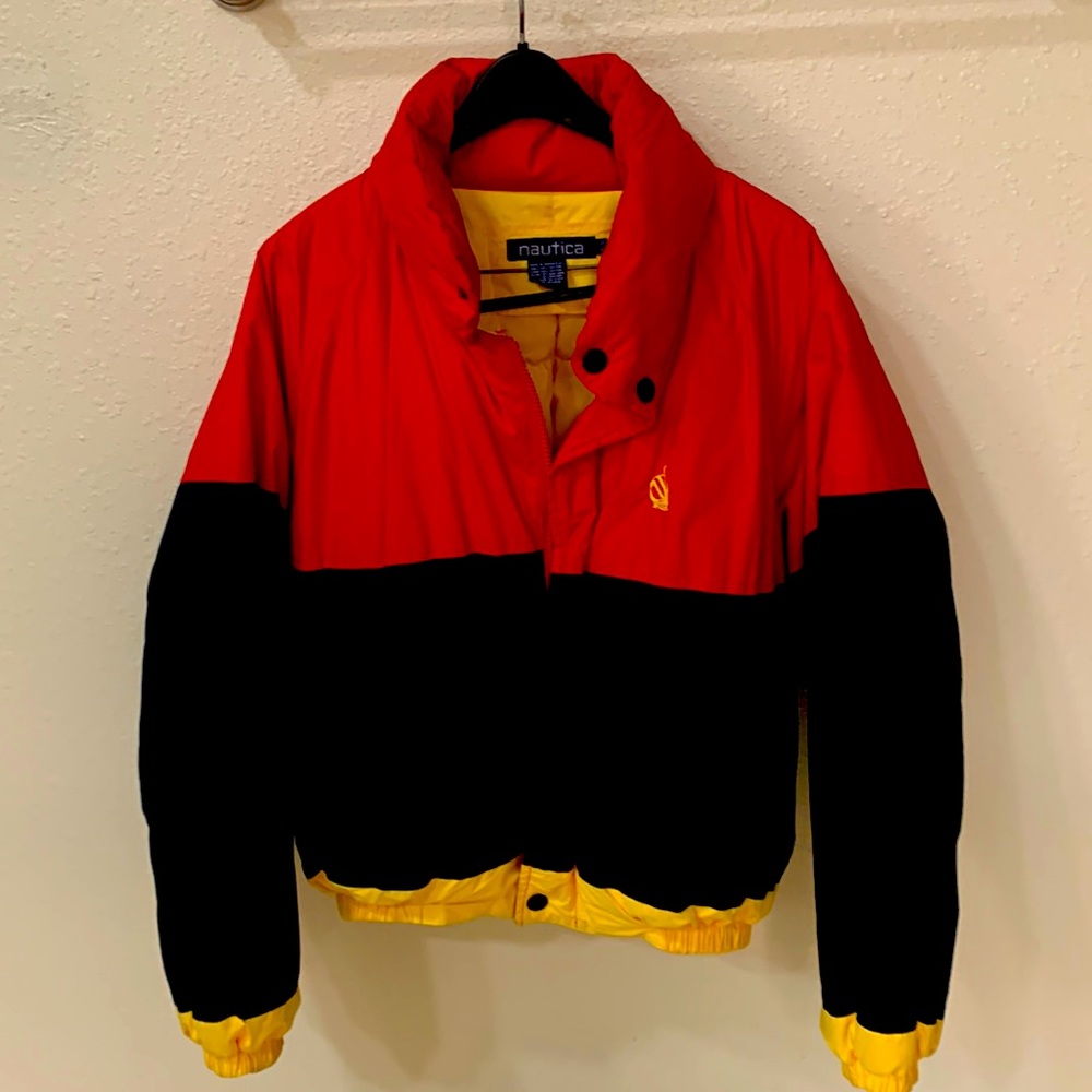 Nautica Classic Retro 90’s Down Puff Jacket - Red / Blue with Yellow Trim.